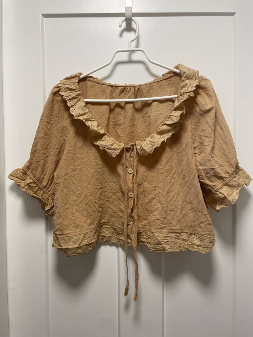 Cropped Ruffle-Trim Blouse in Tan